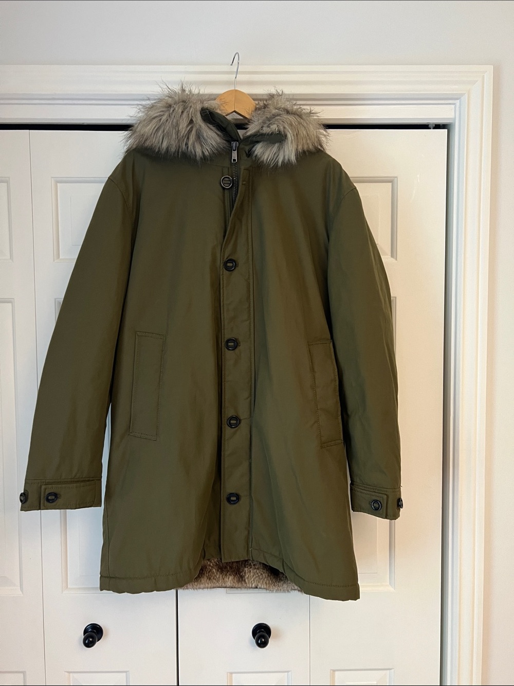 Zara Olive Green Hooded Parka with Faux Fur Trim